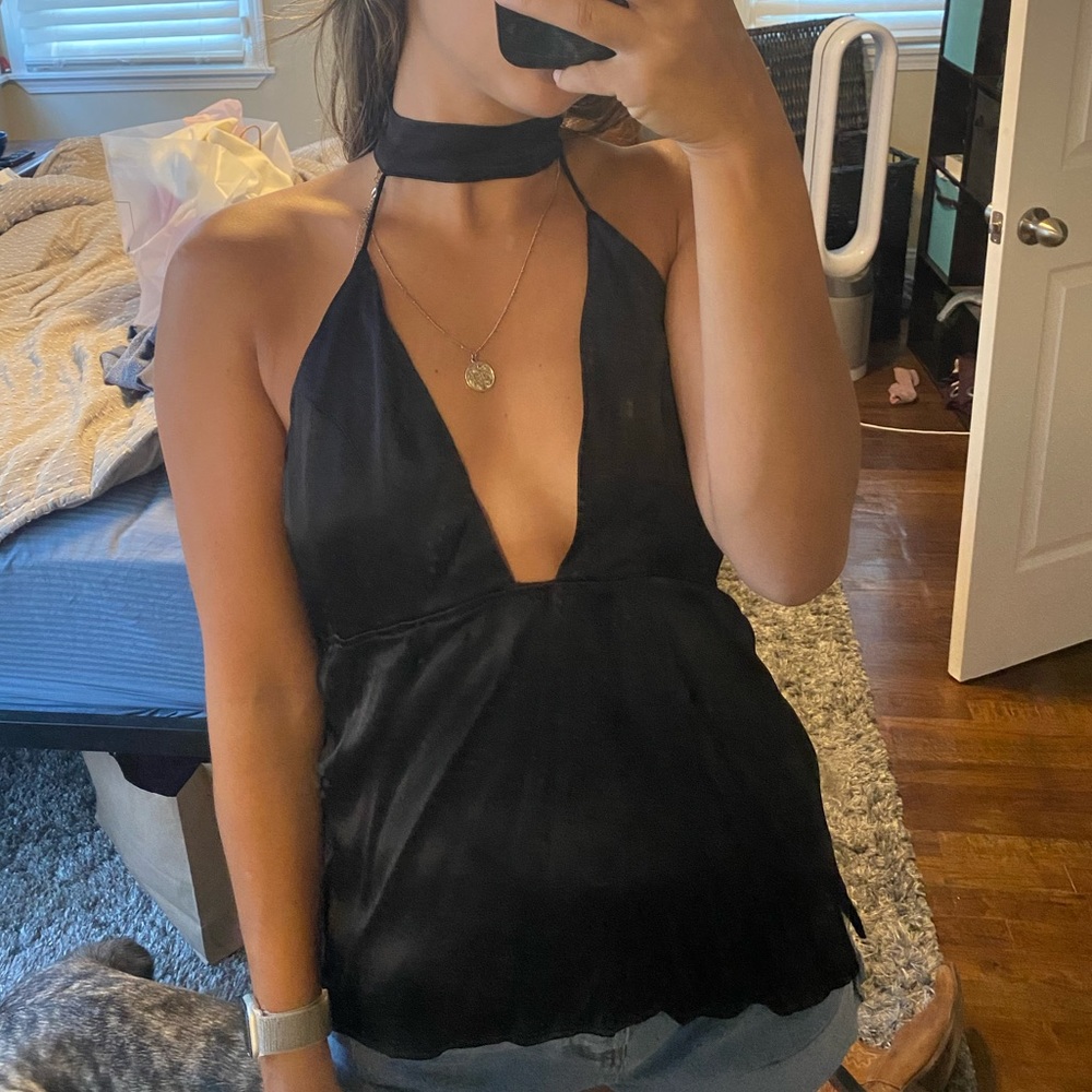 Black silky halter top